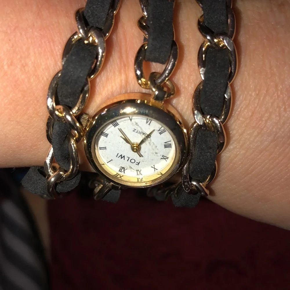 Quartz Black chain Wrap Watch gold and suede w/ lobster clasp